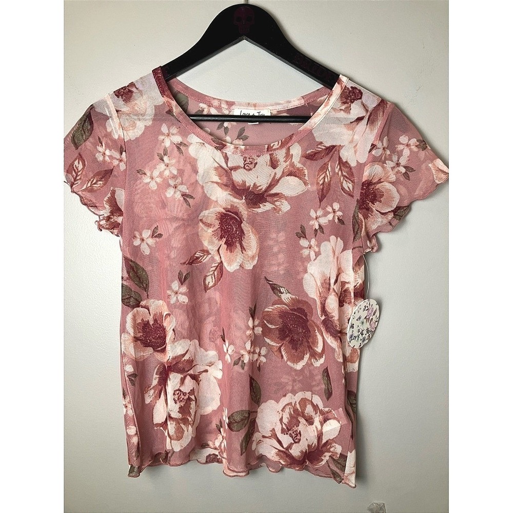 NWT Women's Sheer Cottagecore Coquette Pink Floral Short Sleeve Top Size Large